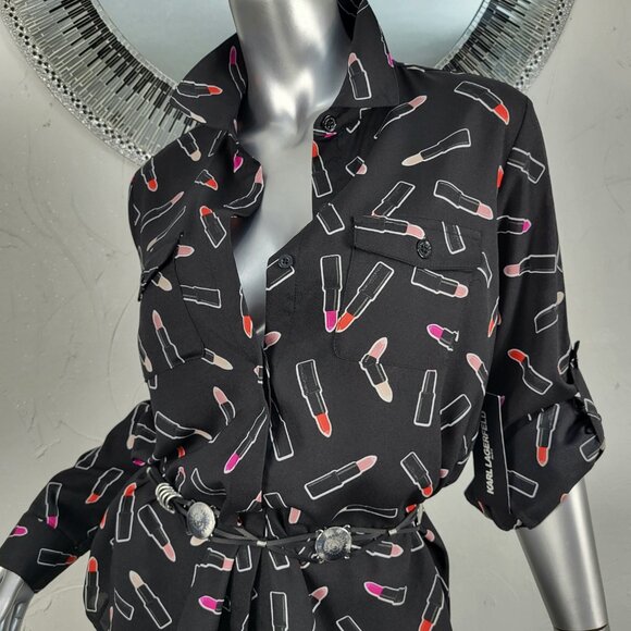 NWT~$70~KARL LAGERFELD~M~BLACK RED PINK LIPSTICK TUNIC TOP BLOUSE SHIRT - Picture 8 of 16